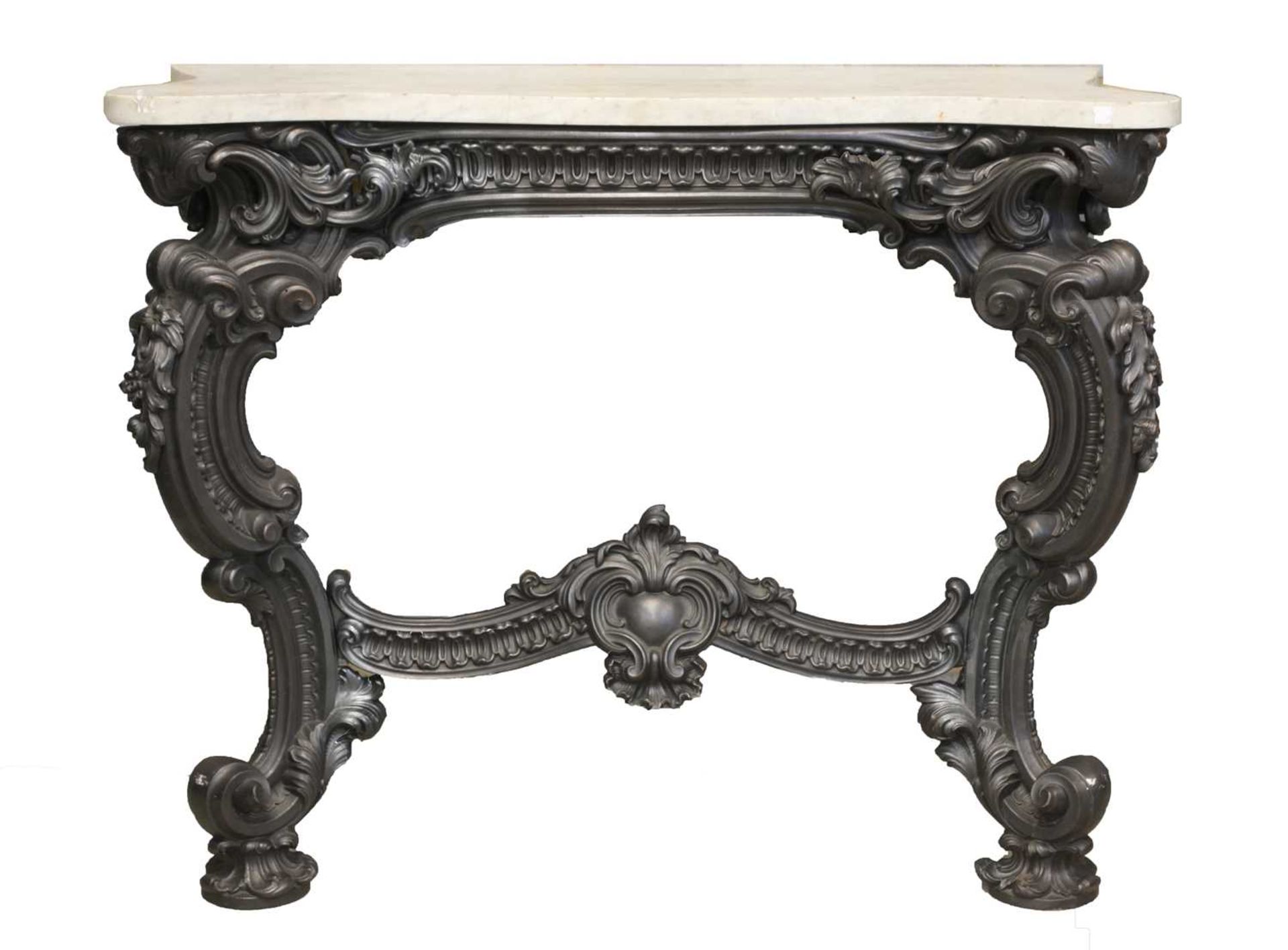A pair of cast iron and marble console tables, by James Yates, Rotherham,