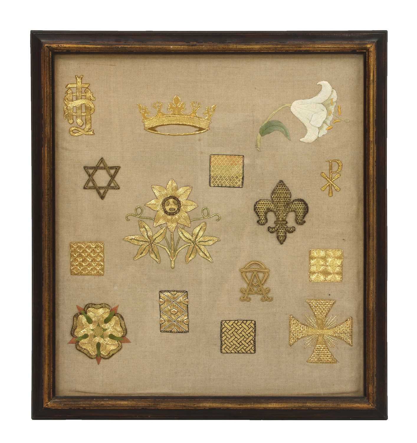 A framed goldwork embroidery sampler,