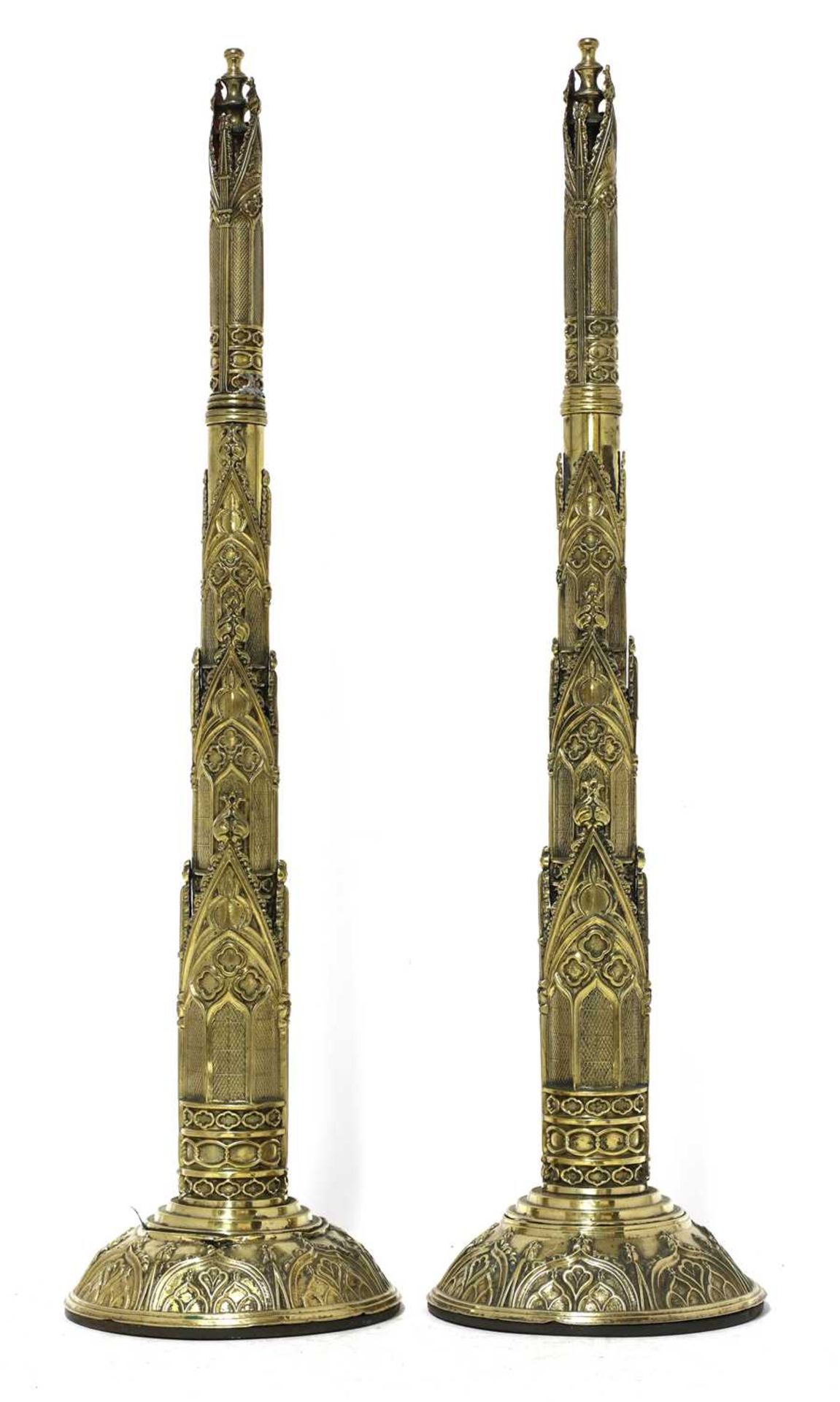 A pair of tall brass telescopic Gothic fan holders,