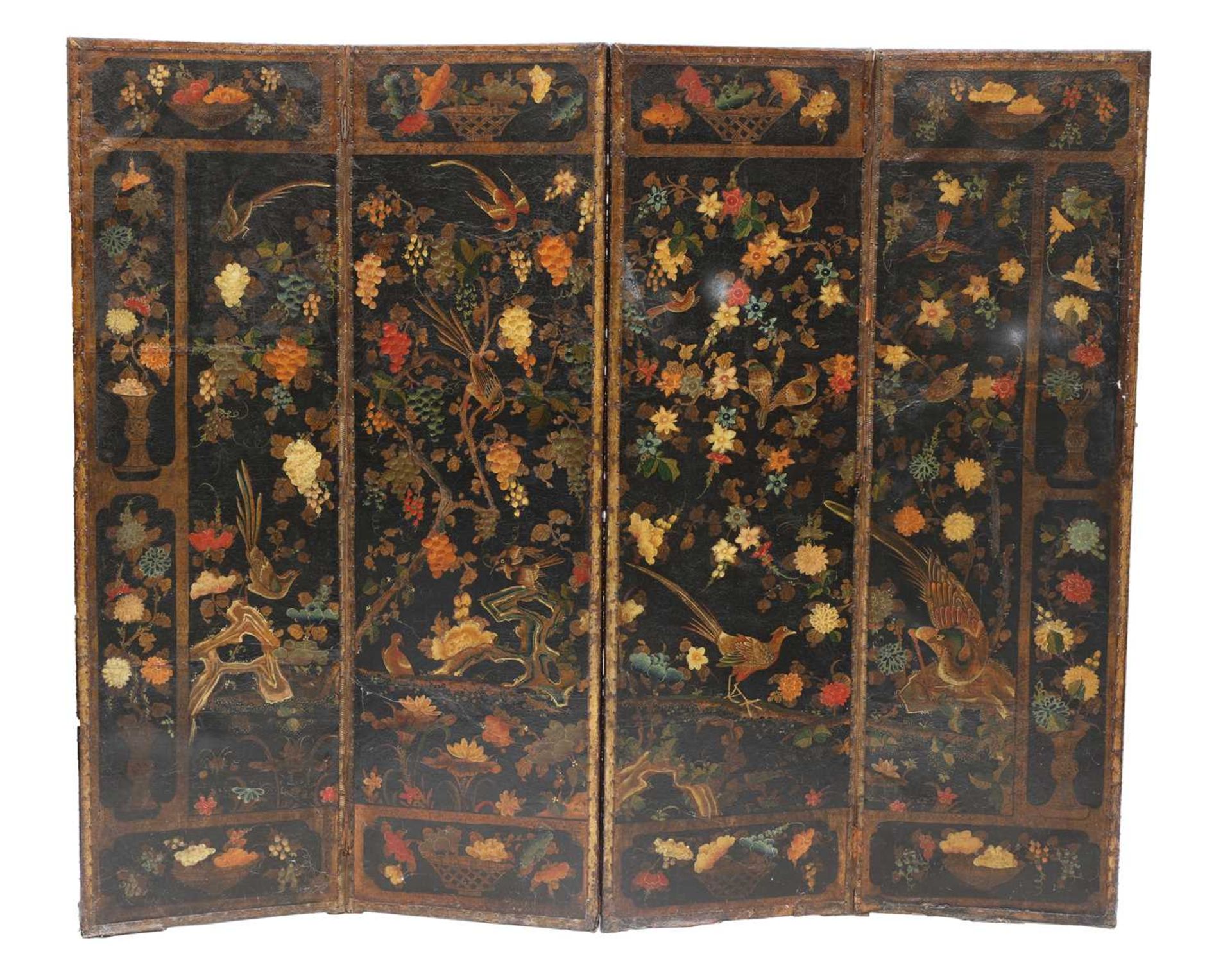 A leather and painted four-fold screen,