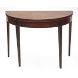 A Sheraton period painted satinwood demilune card table,