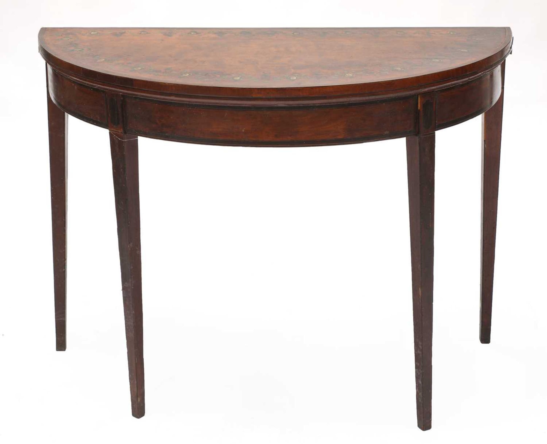 A Sheraton period painted satinwood demilune card table,