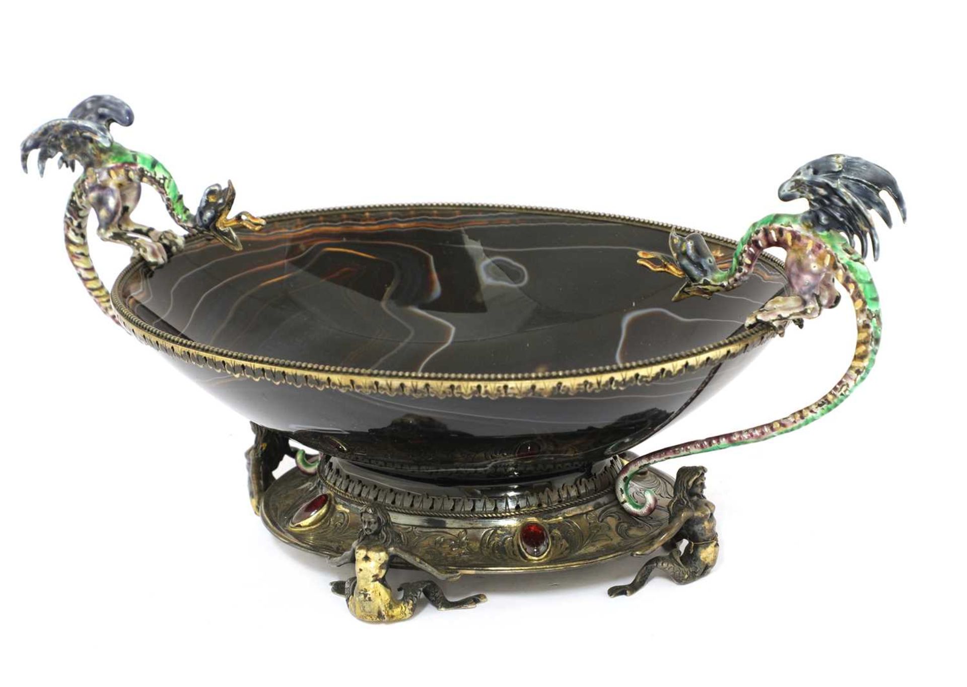 An Austro-Hungarian agate, silver gilt and enamel-mounted bowl