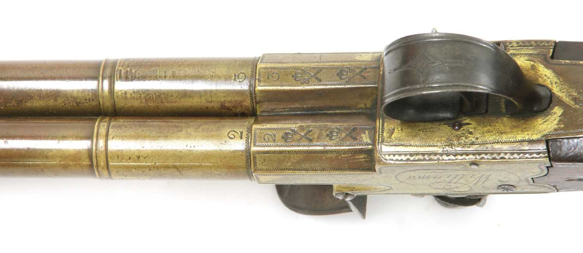 A pair of double-barrel box-lock flintlock pistols, - Image 6 of 14