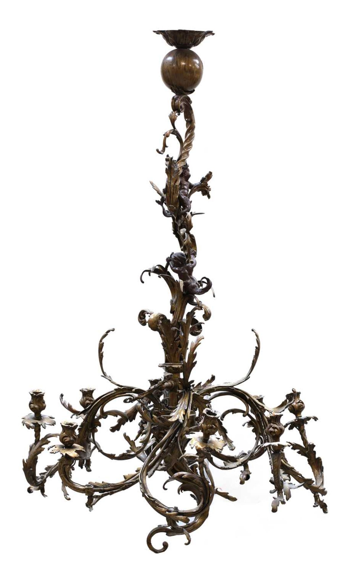 A pair of French rococo-style gilt-bronze eight-light chandeliers,