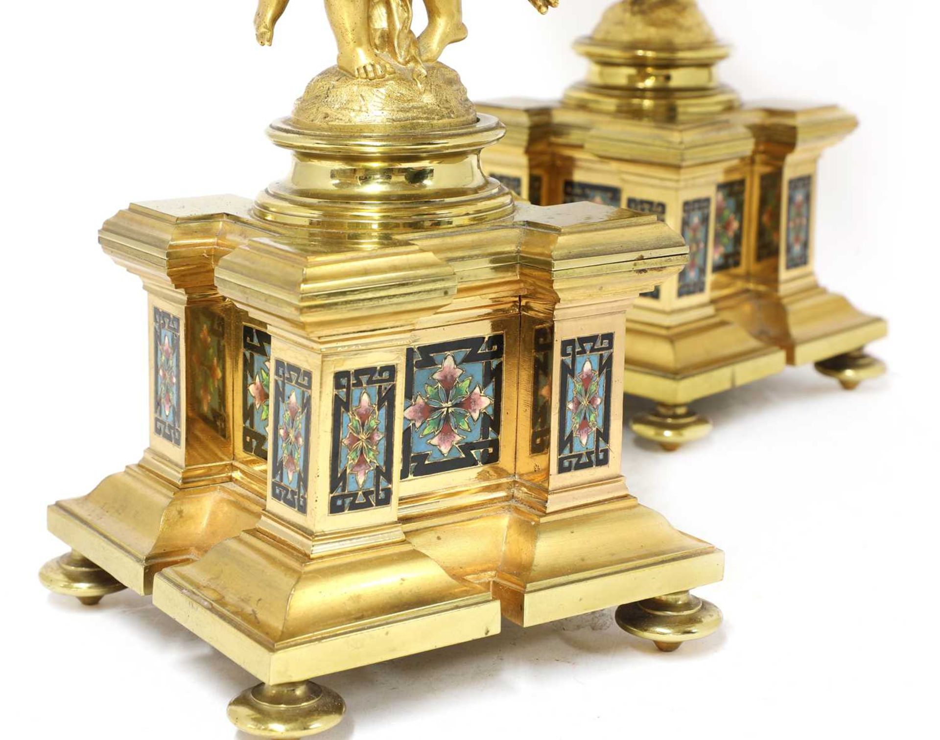 A pair of gilt-bronze and champlevé enamel six-branch candelabra, - Image 4 of 15