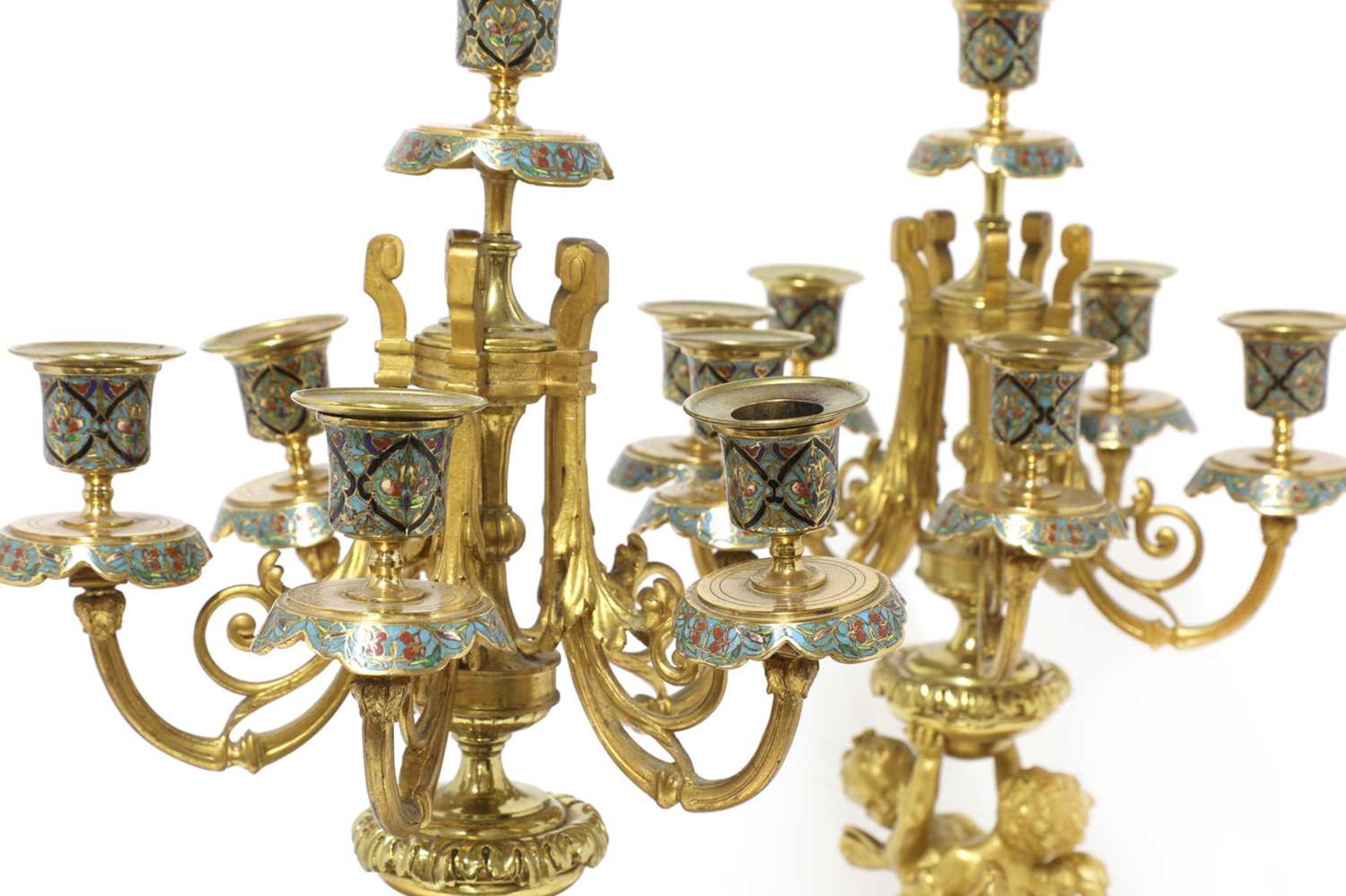 A pair of gilt-bronze and champlevé enamel six-branch candelabra, - Image 6 of 15