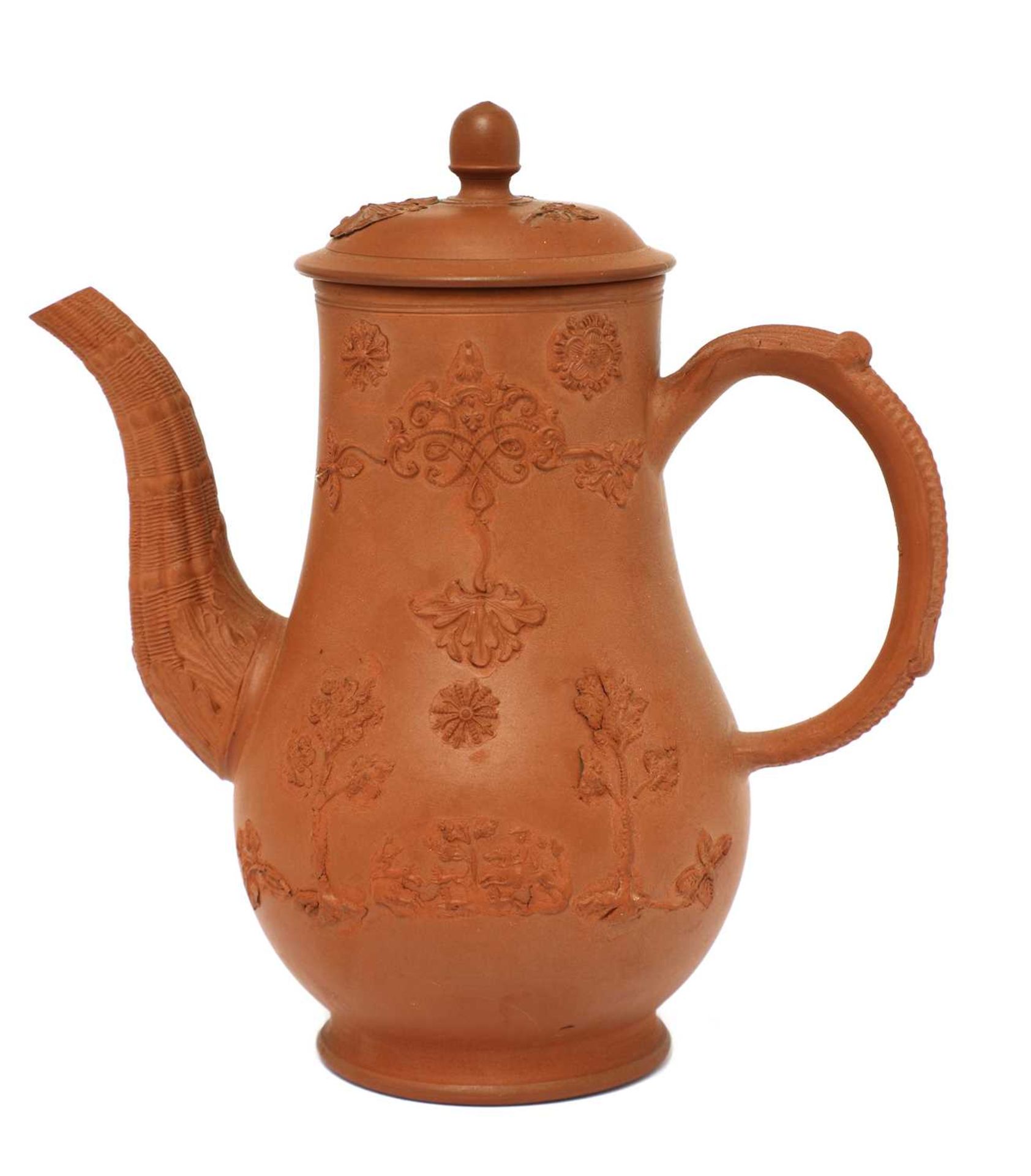 A Staffordshire redware small baluster-shaped coffee pot and cover,