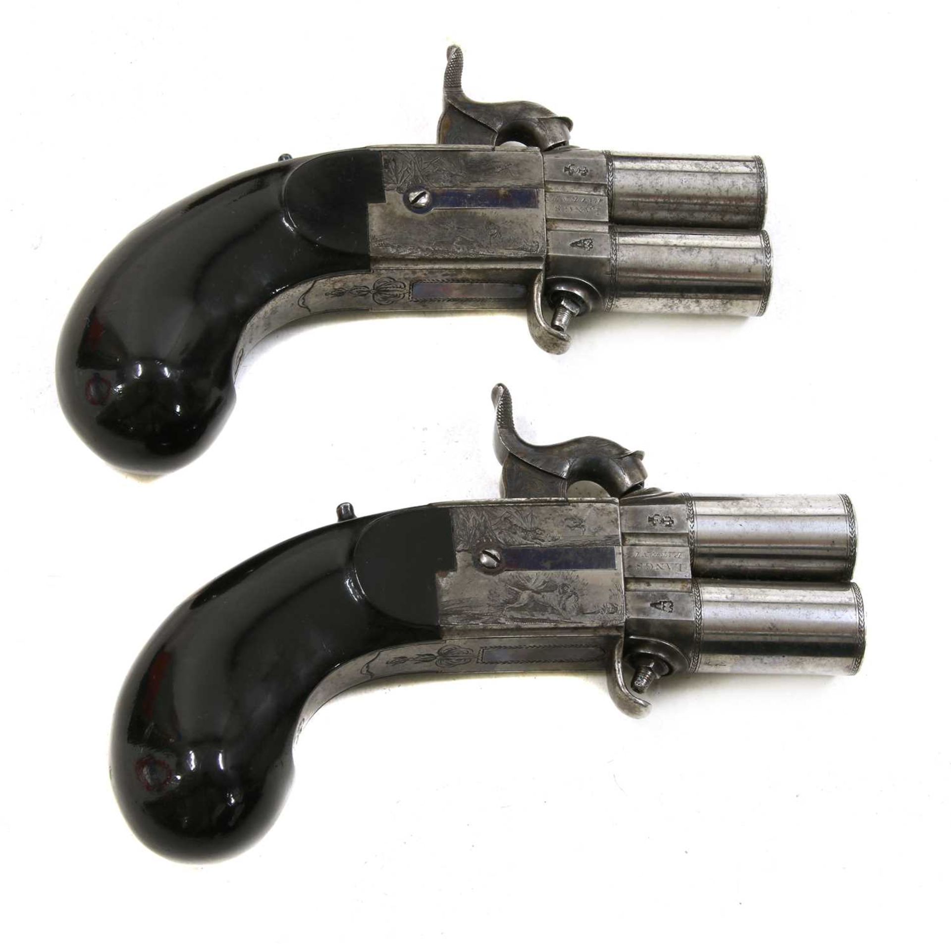 A cased pair of turn-over barrel percussion pistols by Joseph Lang, - Image 3 of 5