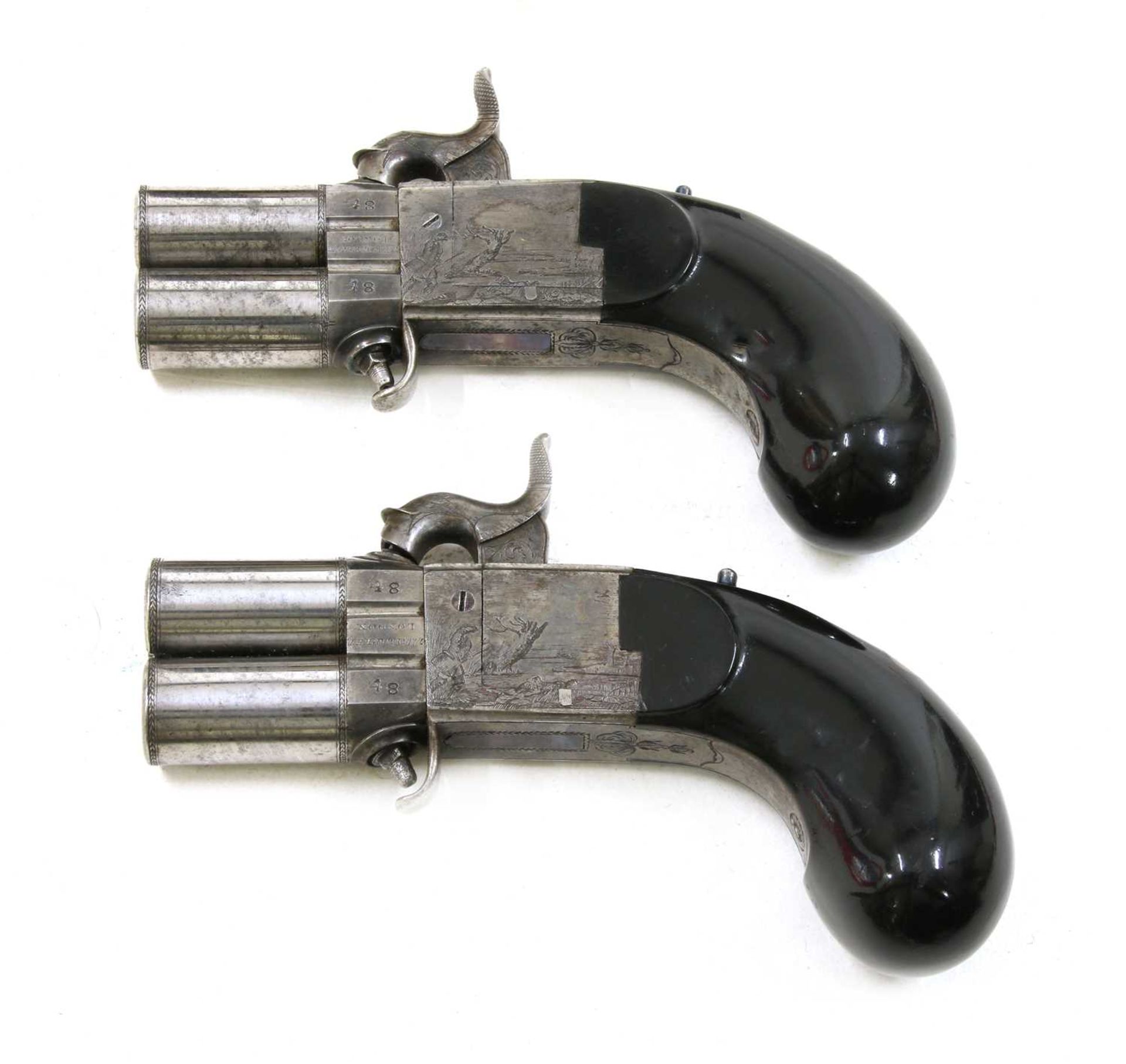 A cased pair of turn-over barrel percussion pistols by Joseph Lang, - Image 4 of 5