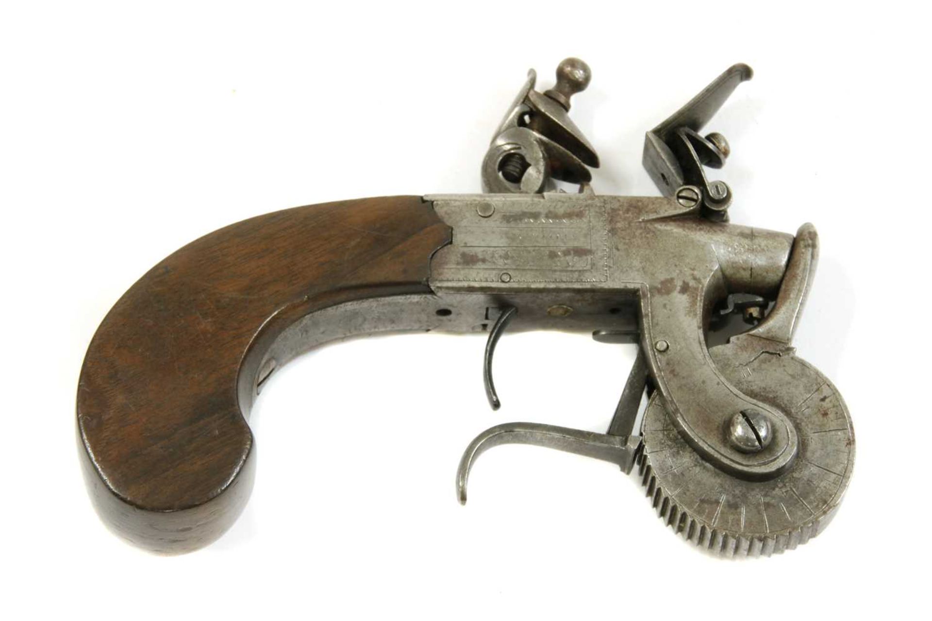 A box-lock flintlock Eprouvette steel action powder tester