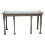 A pair of contemporary marble-topped console tables,