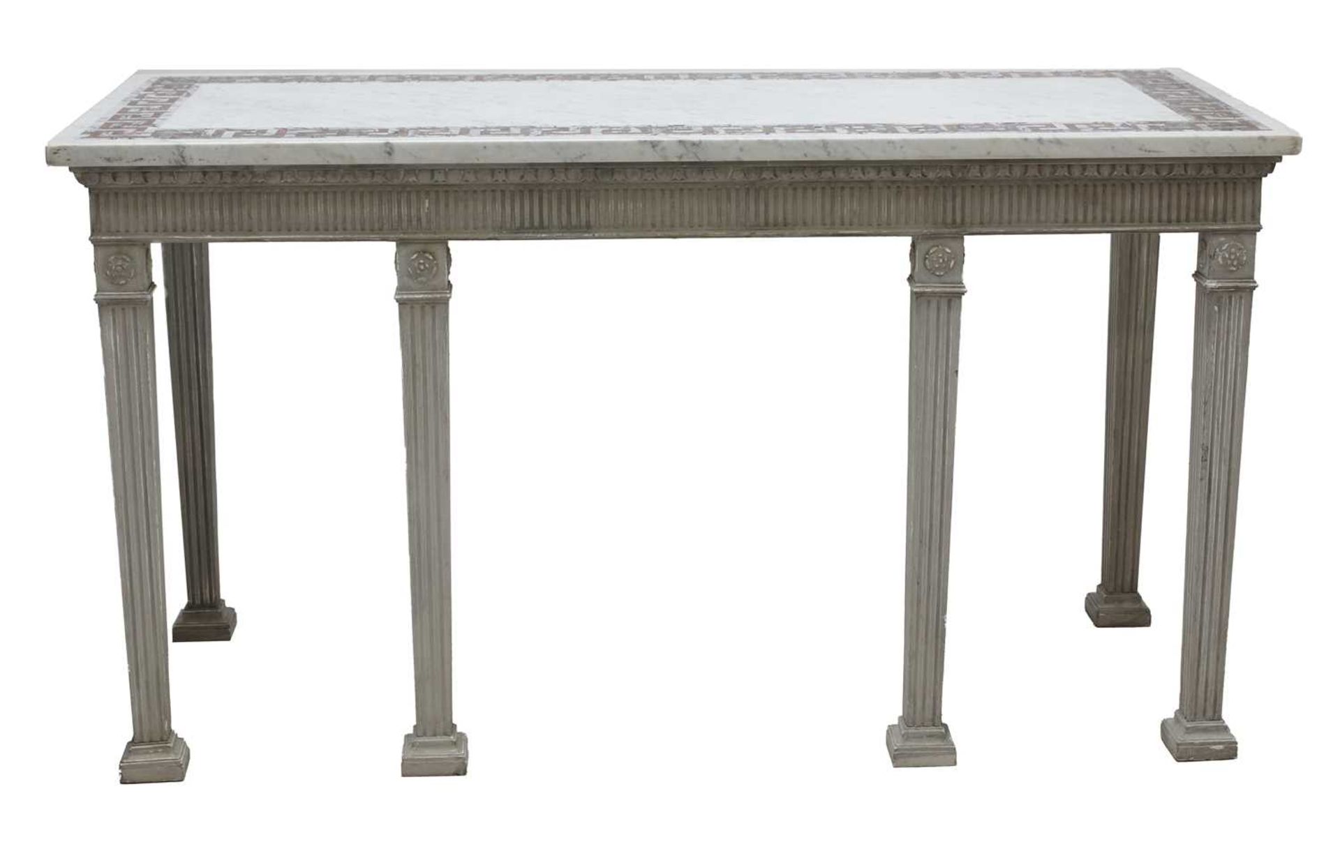 A pair of contemporary marble-topped console tables,