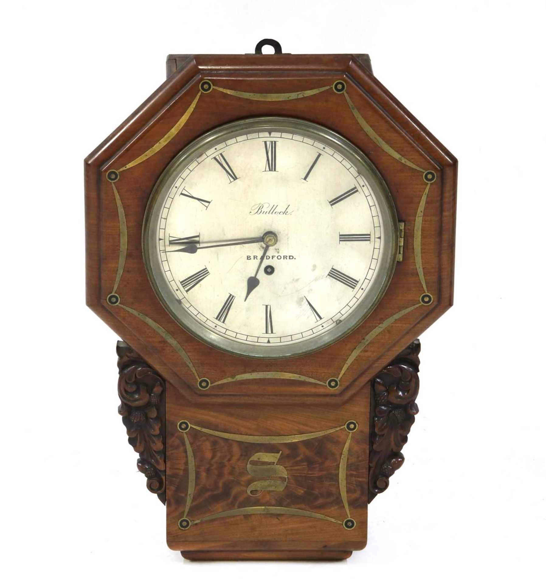 A Victorian brass inlaid mahogany drop dial wall clock,