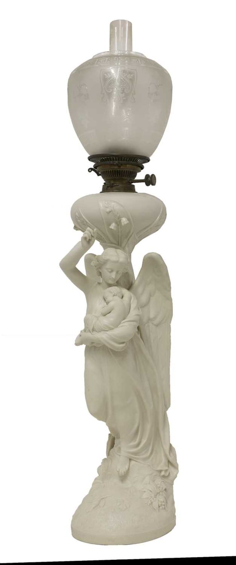 A Copeland Parianware oil lamp 'The angel and the flowers',