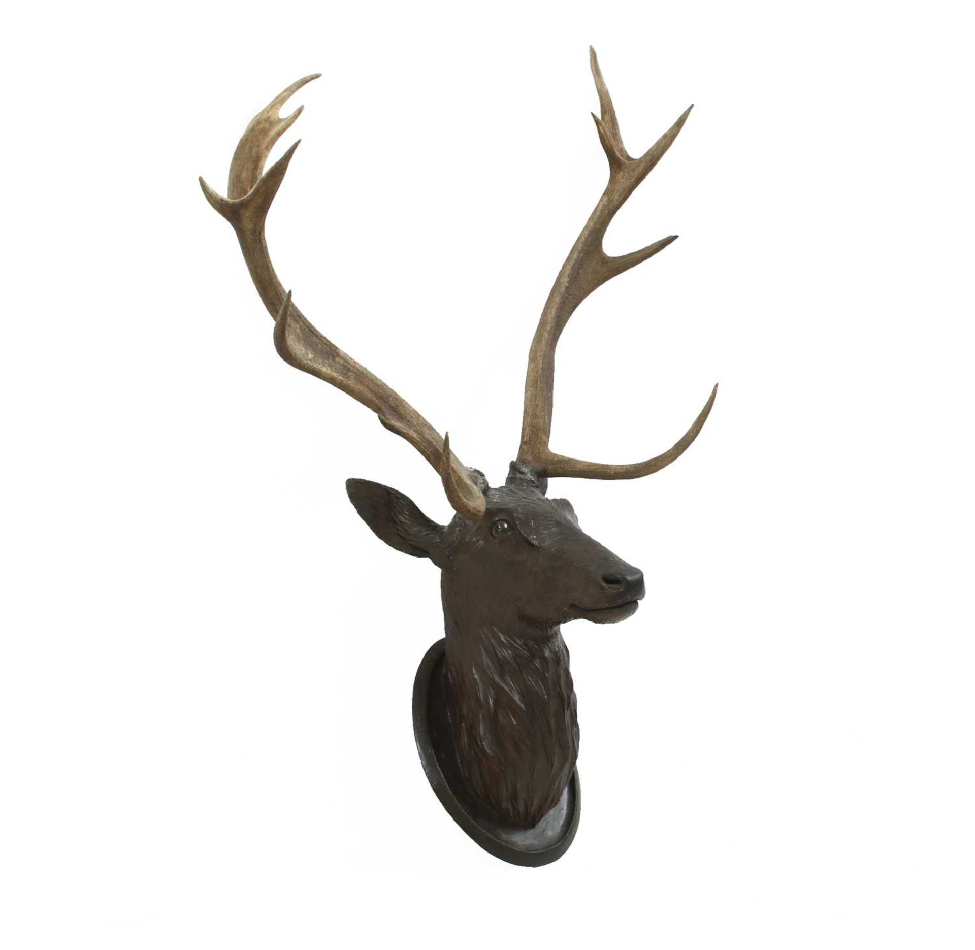 A Black Forest carved wood stag's head, with mounted antlers, - Image 2 of 16