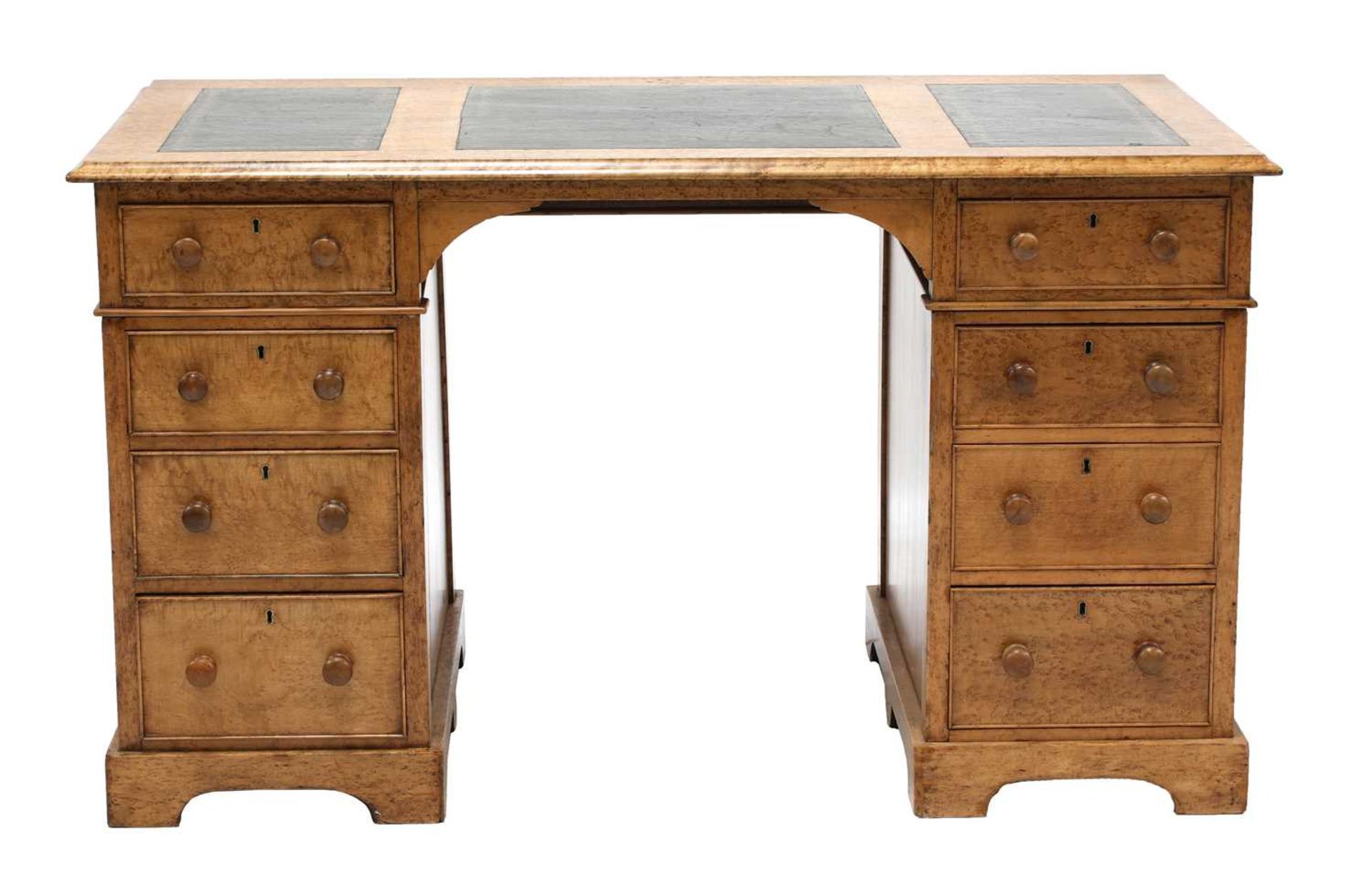 A Victorian burr maple twin pedestal desk,