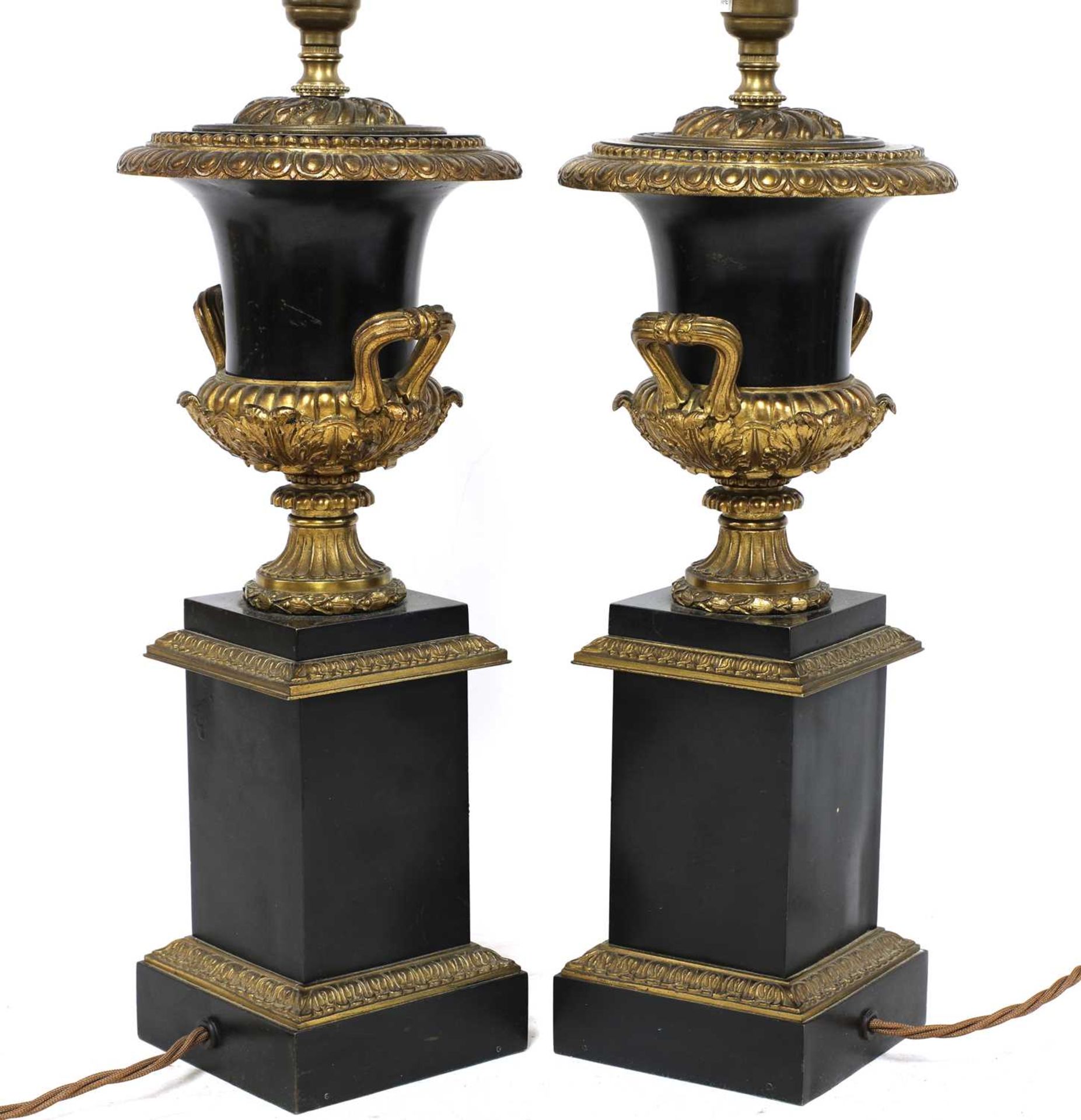 A pair of Napoleon III ebonised and gilt metal urn form table lamps, - Image 3 of 21