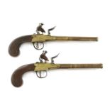 A pair of double-barrel box-lock flintlock pistols,