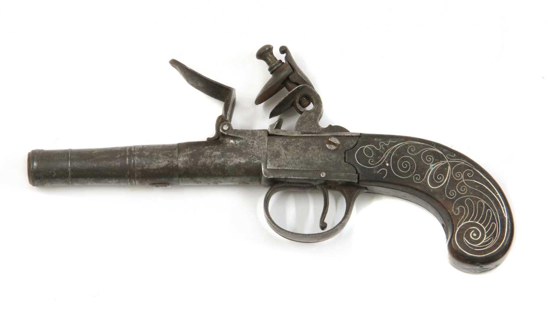 A boxlock flintlock cannon barrel pistol,