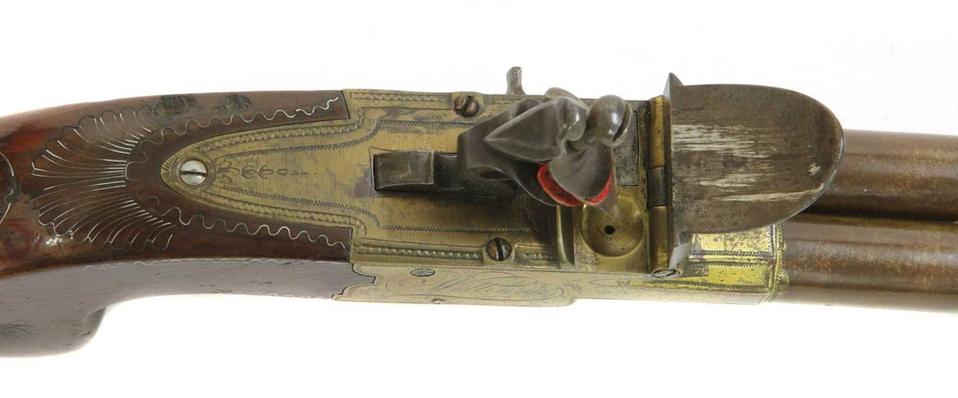 A pair of double-barrel box-lock flintlock pistols, - Image 13 of 14