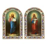 A pair of silver gilt and enamel wedding icons of the Mother of God and Christ Pantocrator,