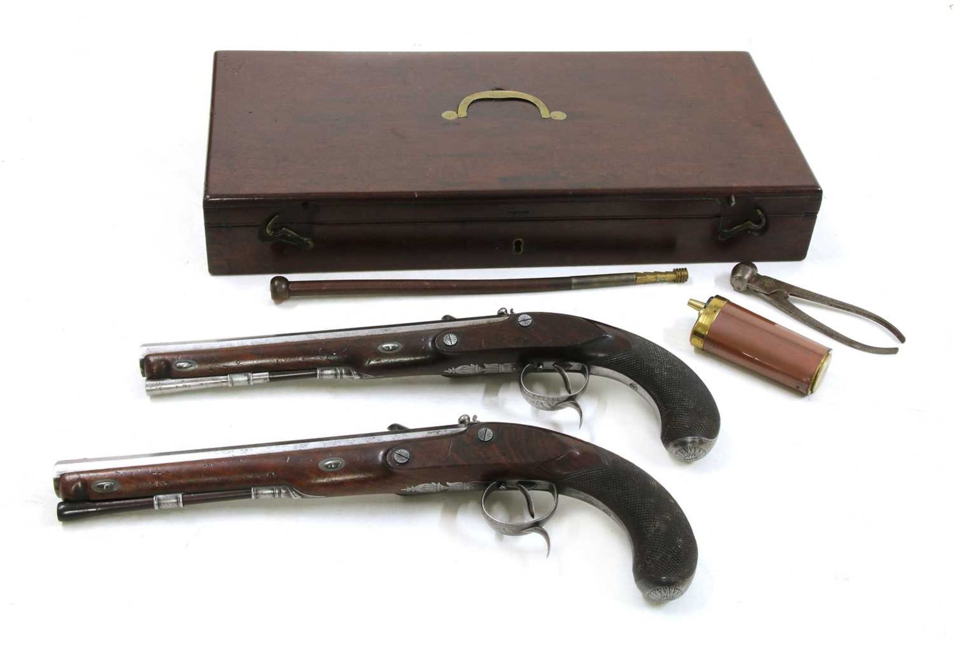 A cased pair of flintlock full stock duelling pistols by P Bond, - Image 3 of 5