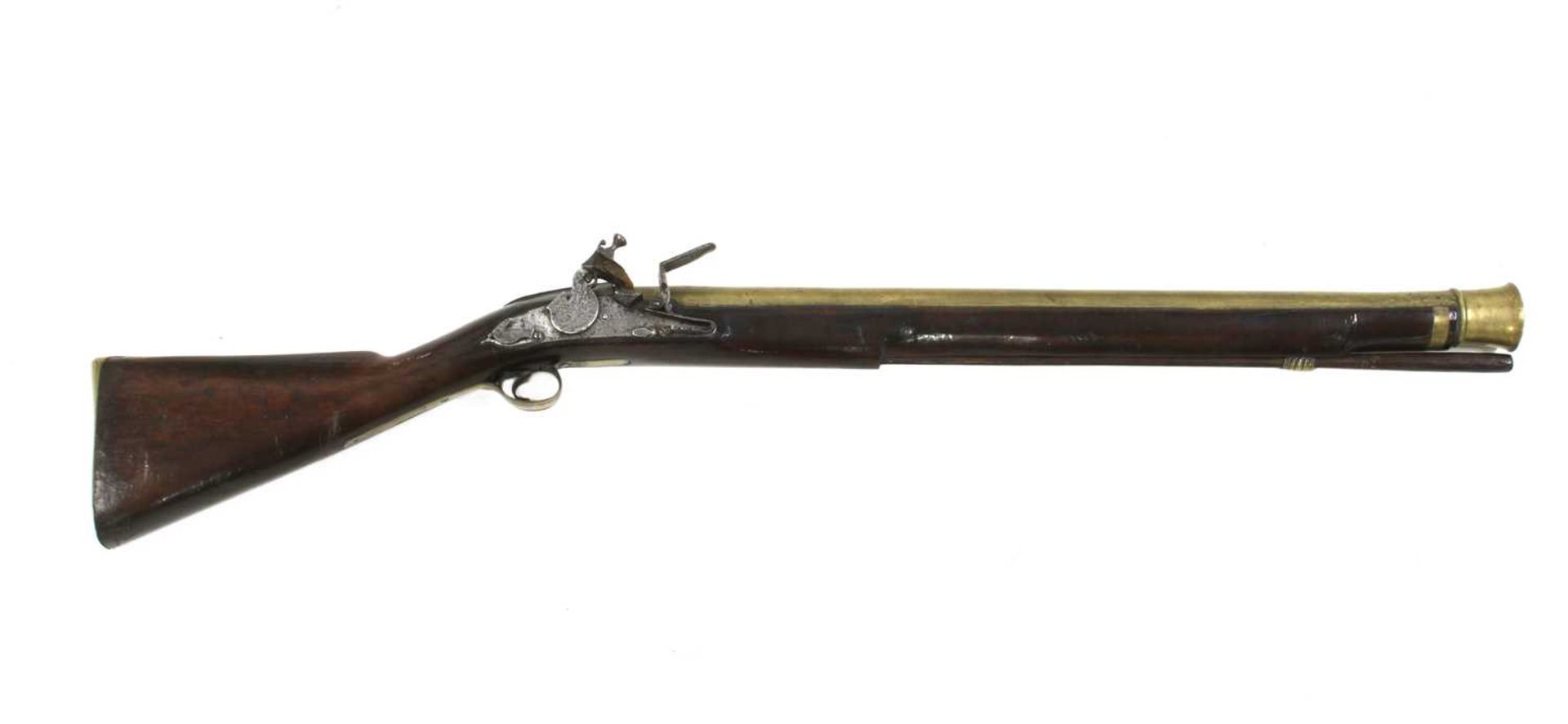 An English flintlock 'dog-lock' brass barrelled musketoon,