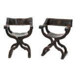 A pair of Spanish walnut Savonarola-style 'X' framed elbow chairs,