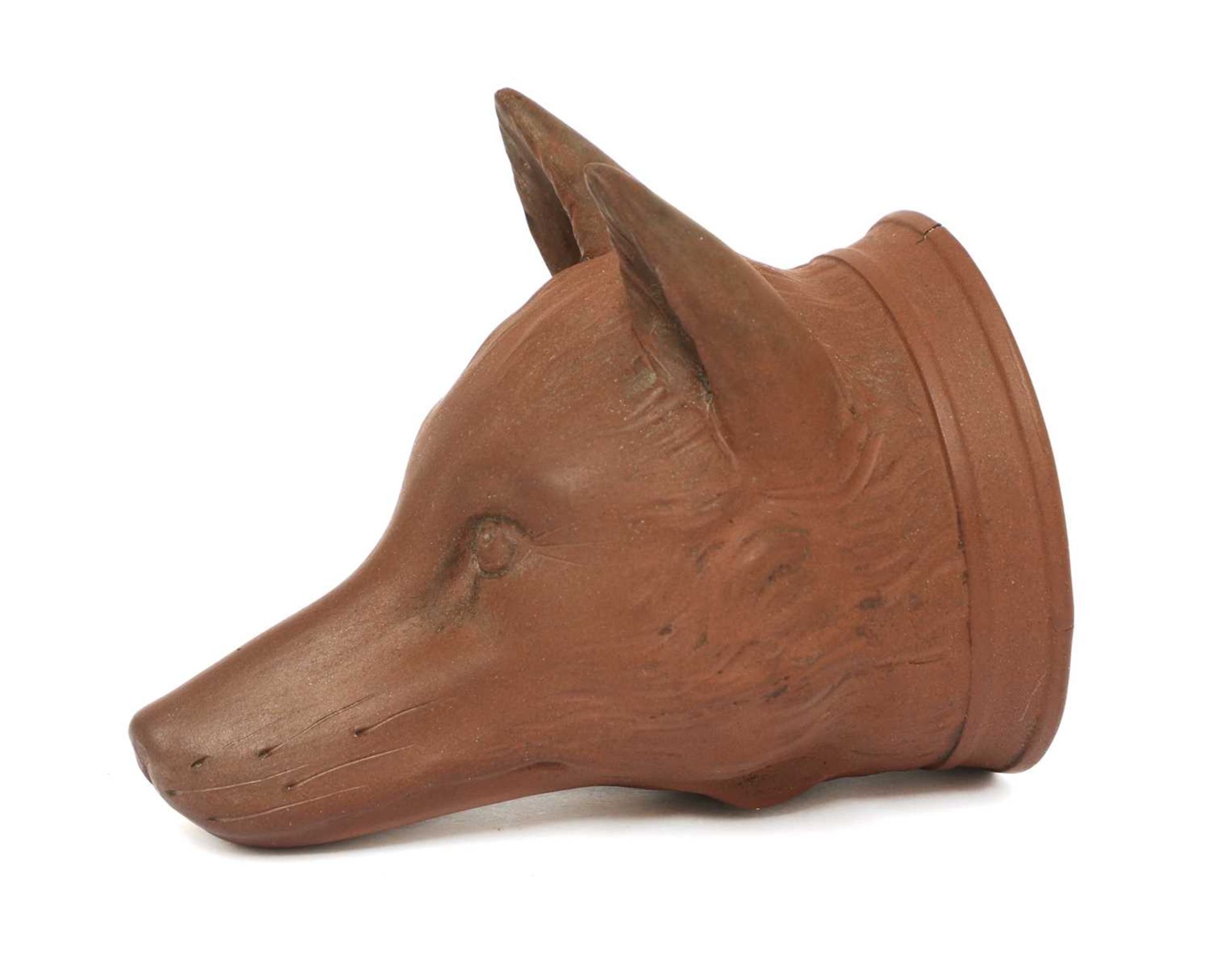 A rare Staffordshire redware fox mask stirrup cup, - Image 3 of 3