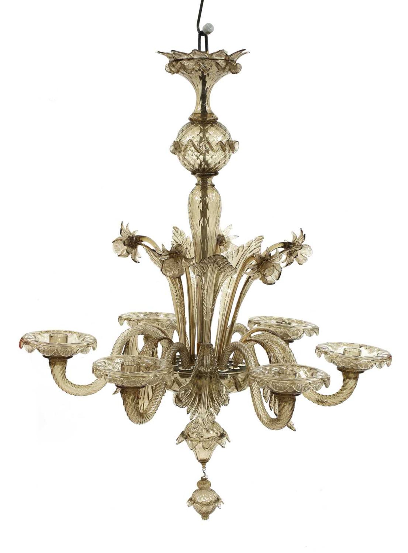 A smokey sepia glass chandelier,