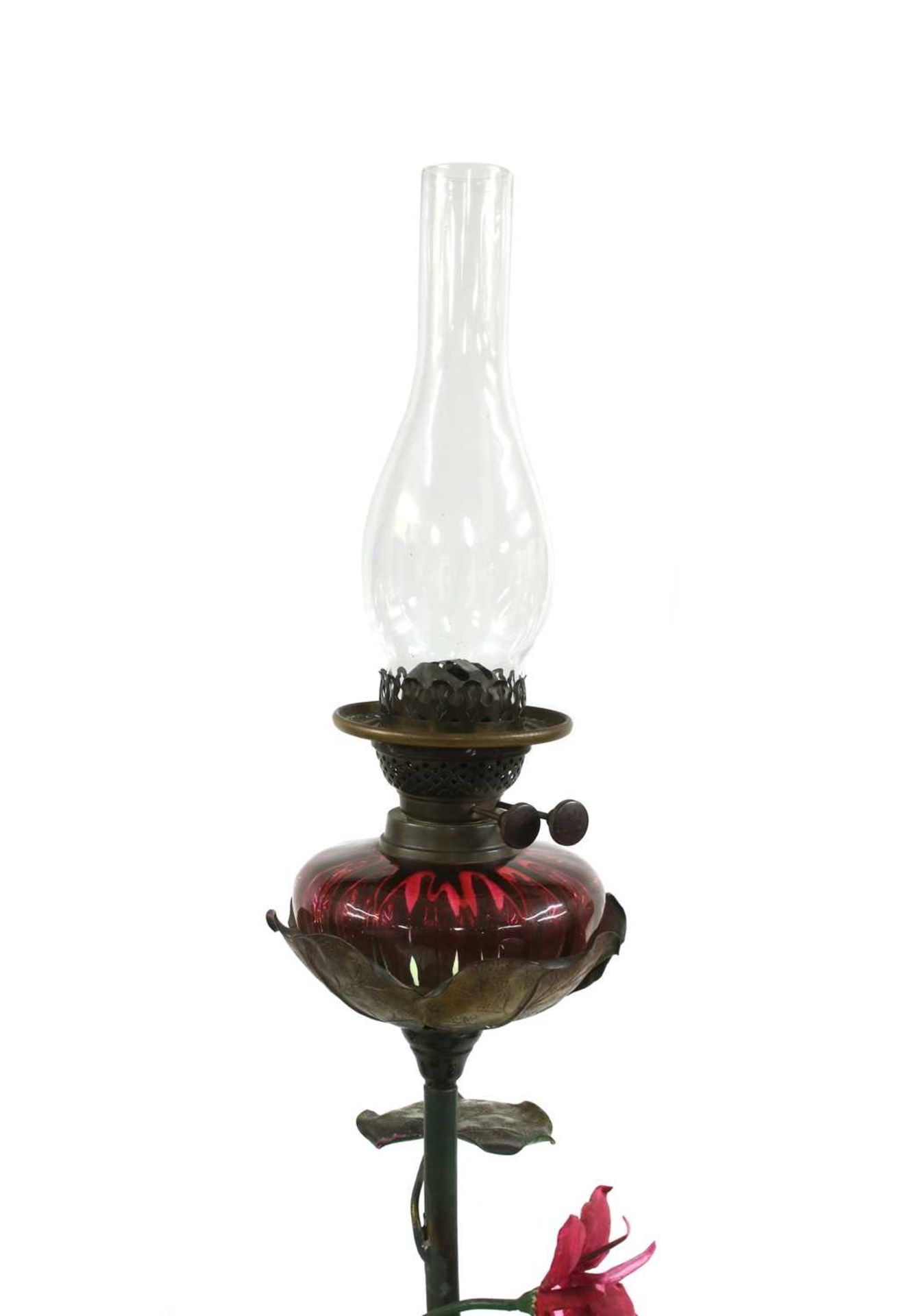 A French wrought and painted brass standard oil lamp, - Image 4 of 4