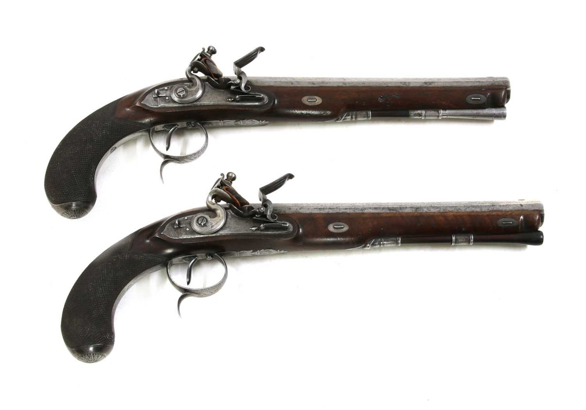 A cased pair of flintlock full stock duelling pistols by P Bond, - Image 4 of 5