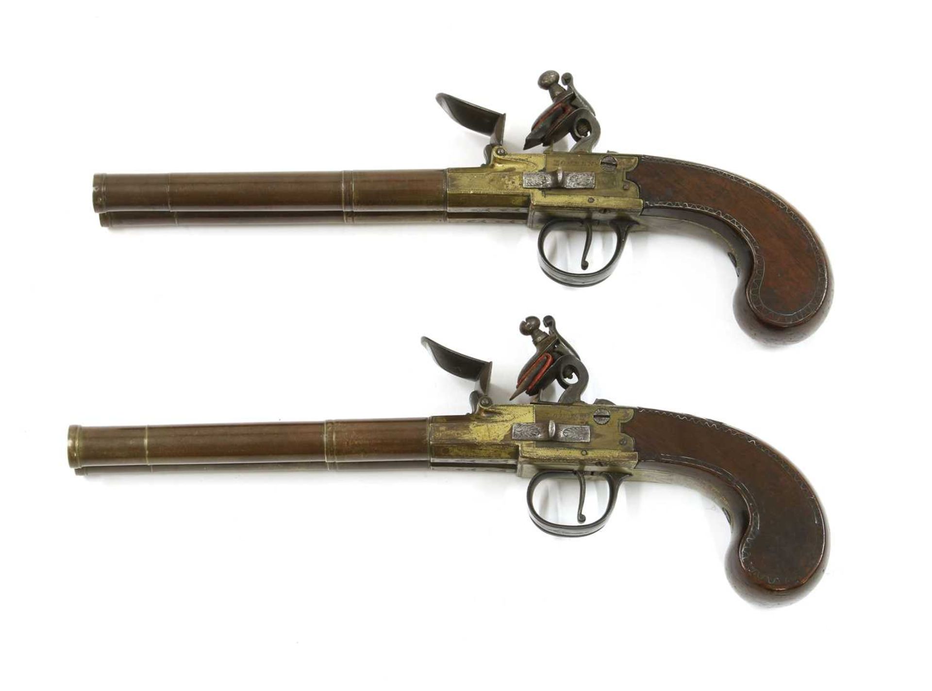 A pair of double-barrel box-lock flintlock pistols, - Image 2 of 14