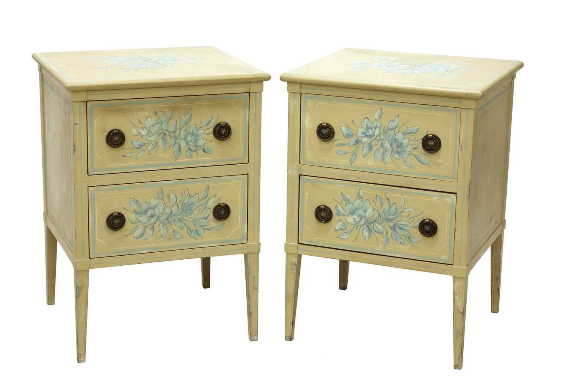 A pair of French painted bedside cabinets,