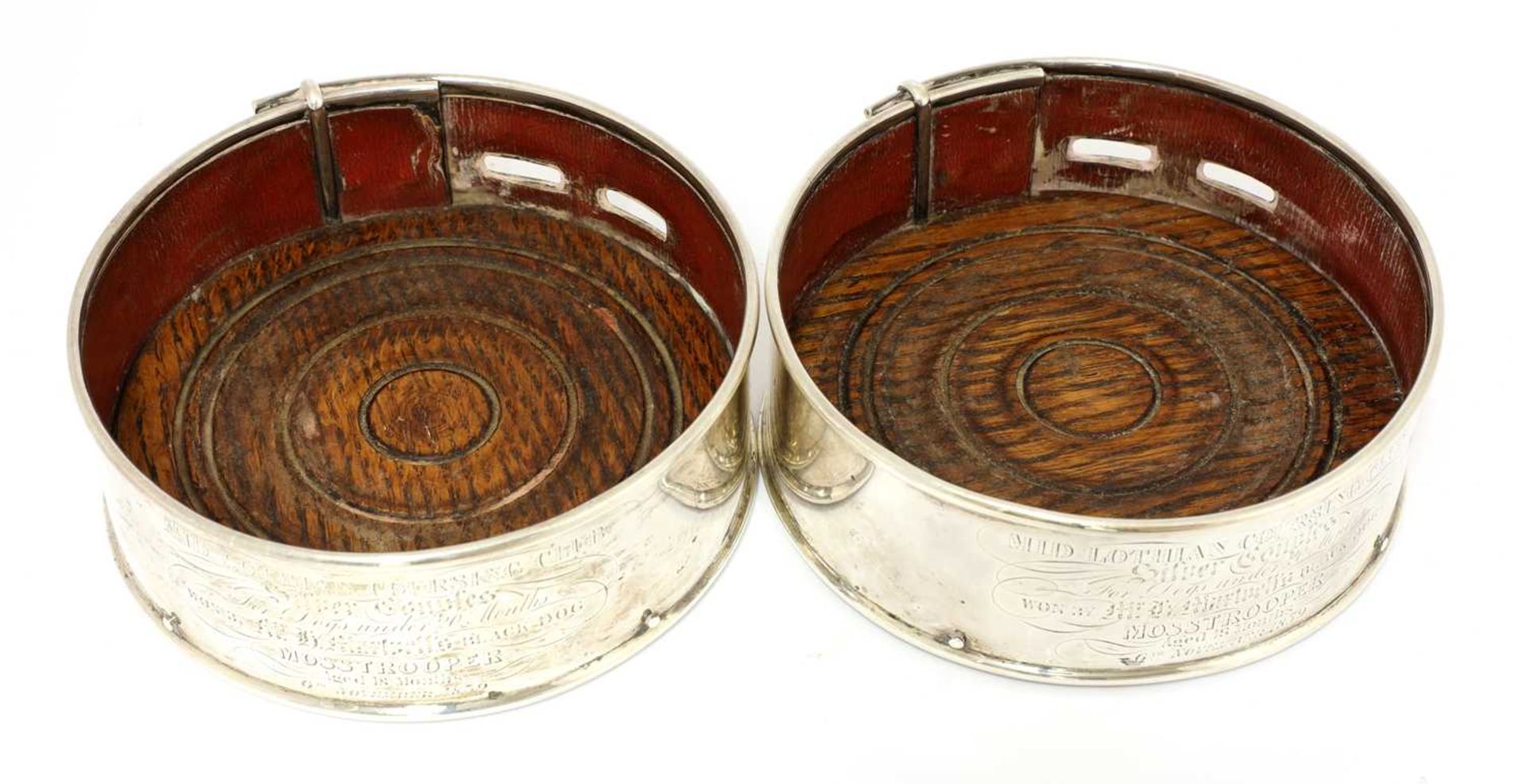 A pair of Scottish William IV silver presentation coasters in the form of dog collars, - Image 3 of 4