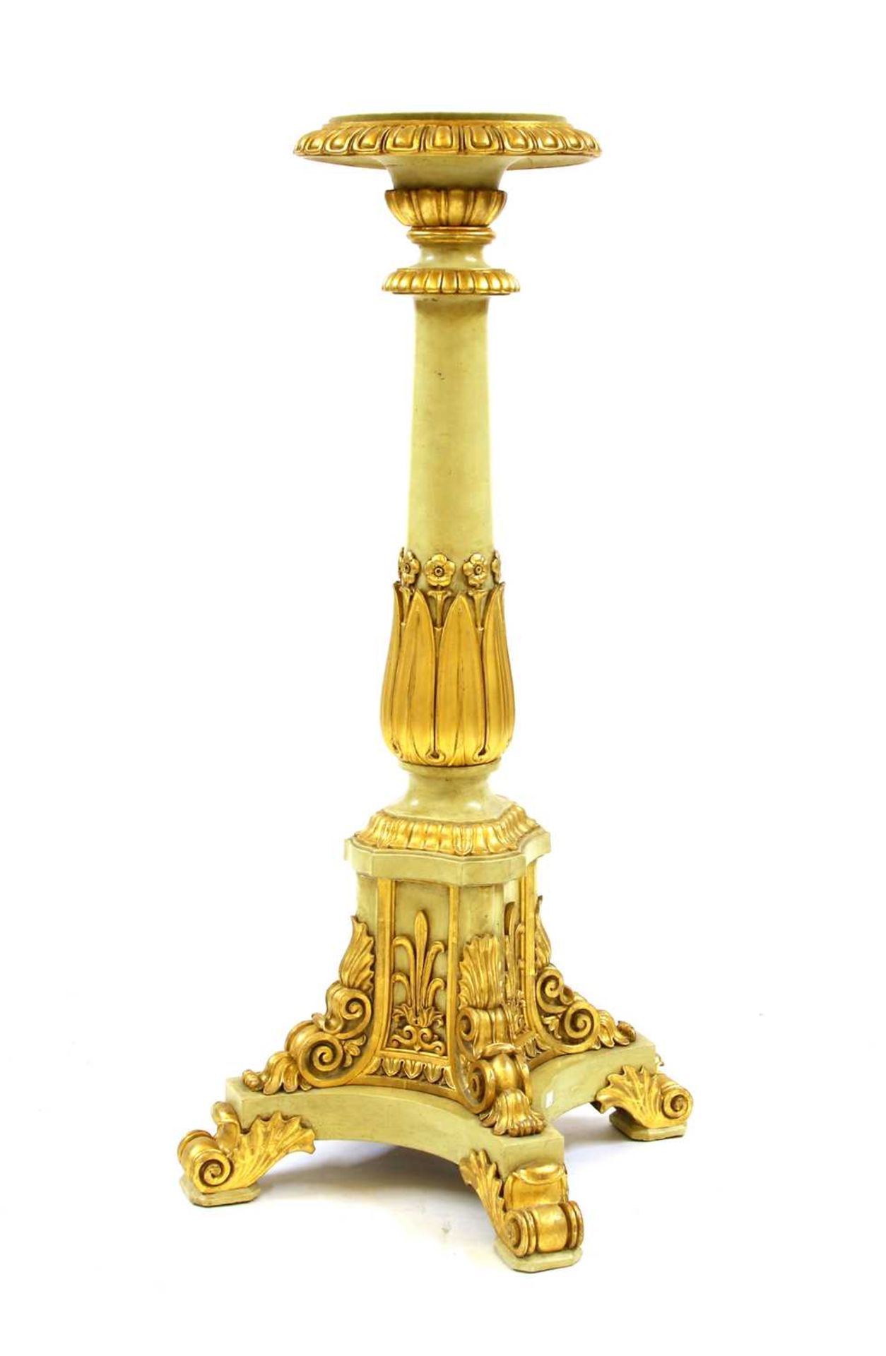 A Regency-style green painted and giltwood pedestal,