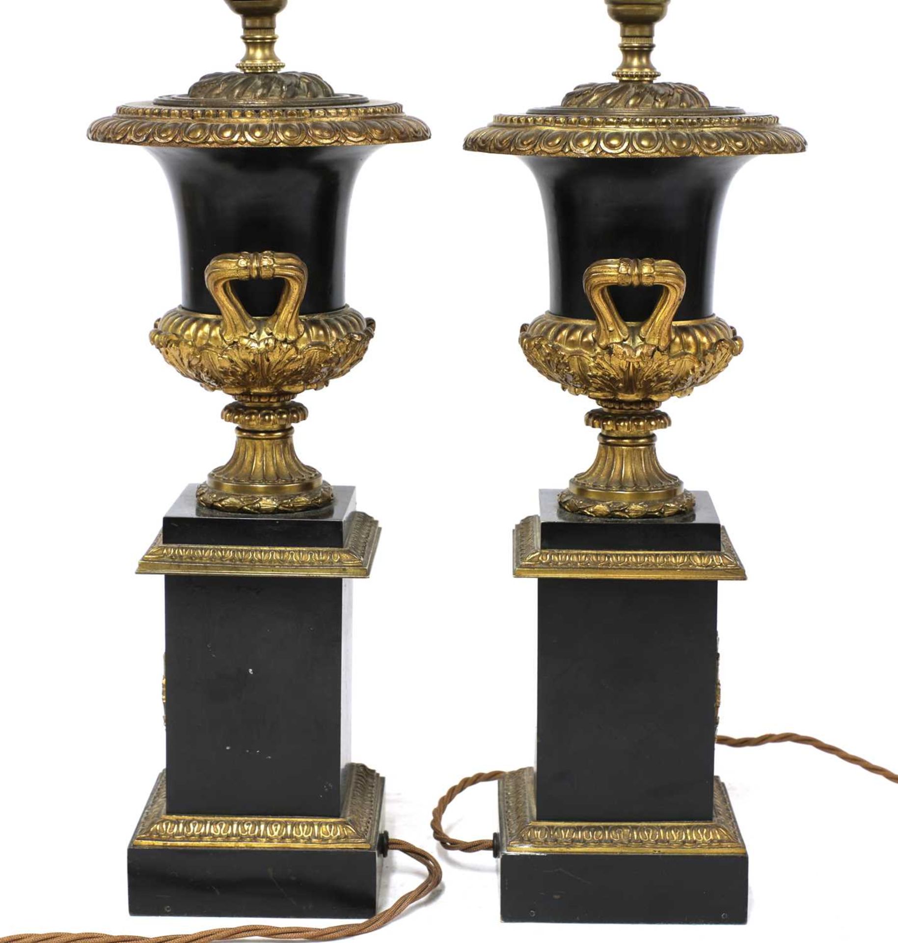 A pair of Napoleon III ebonised and gilt metal urn form table lamps, - Image 2 of 21