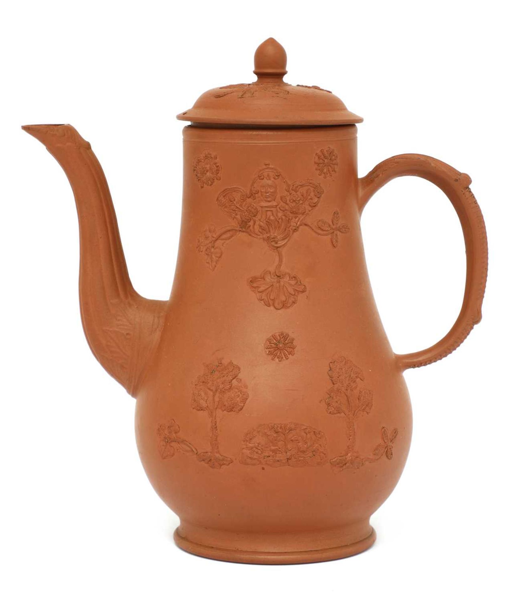 A Staffordshire redware baluster-shaped coffee pot and cover,