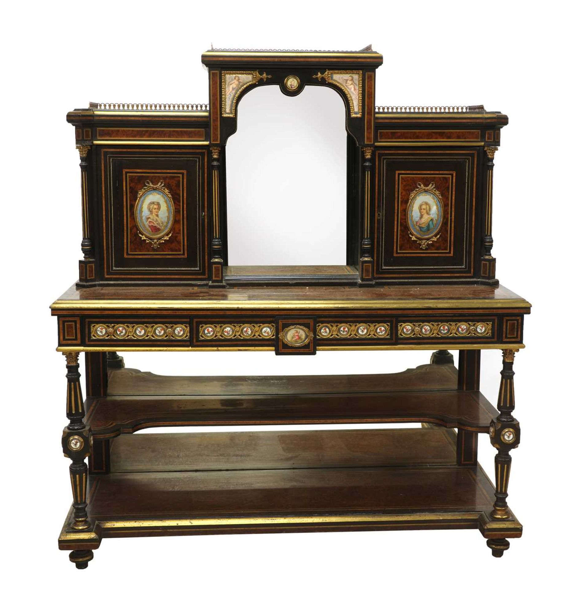 An ebony amboyna gilt-bronze and porcelain-mounted side cabinet,