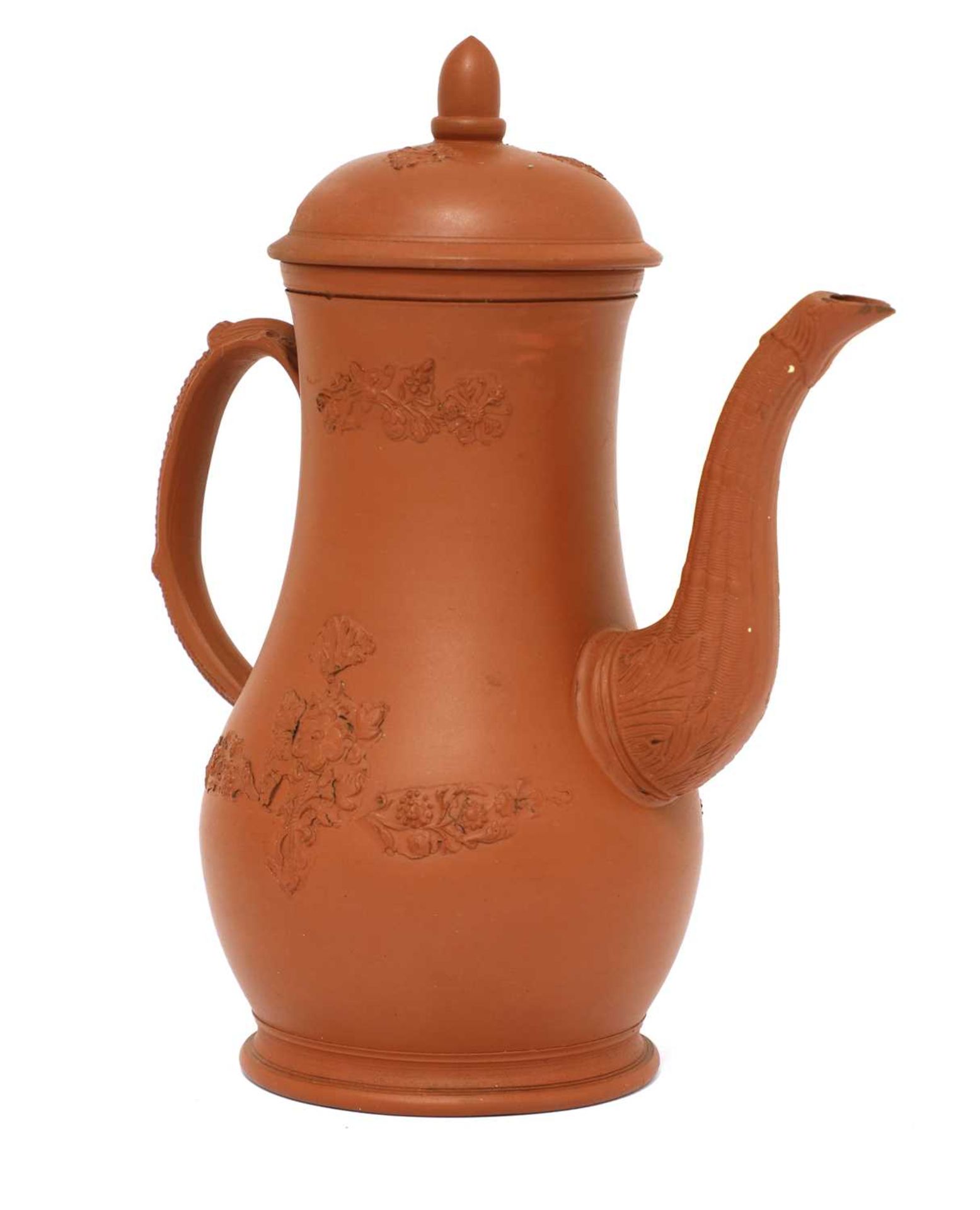 A Staffordshire redware baluster-shaped coffee pot and domed cover,