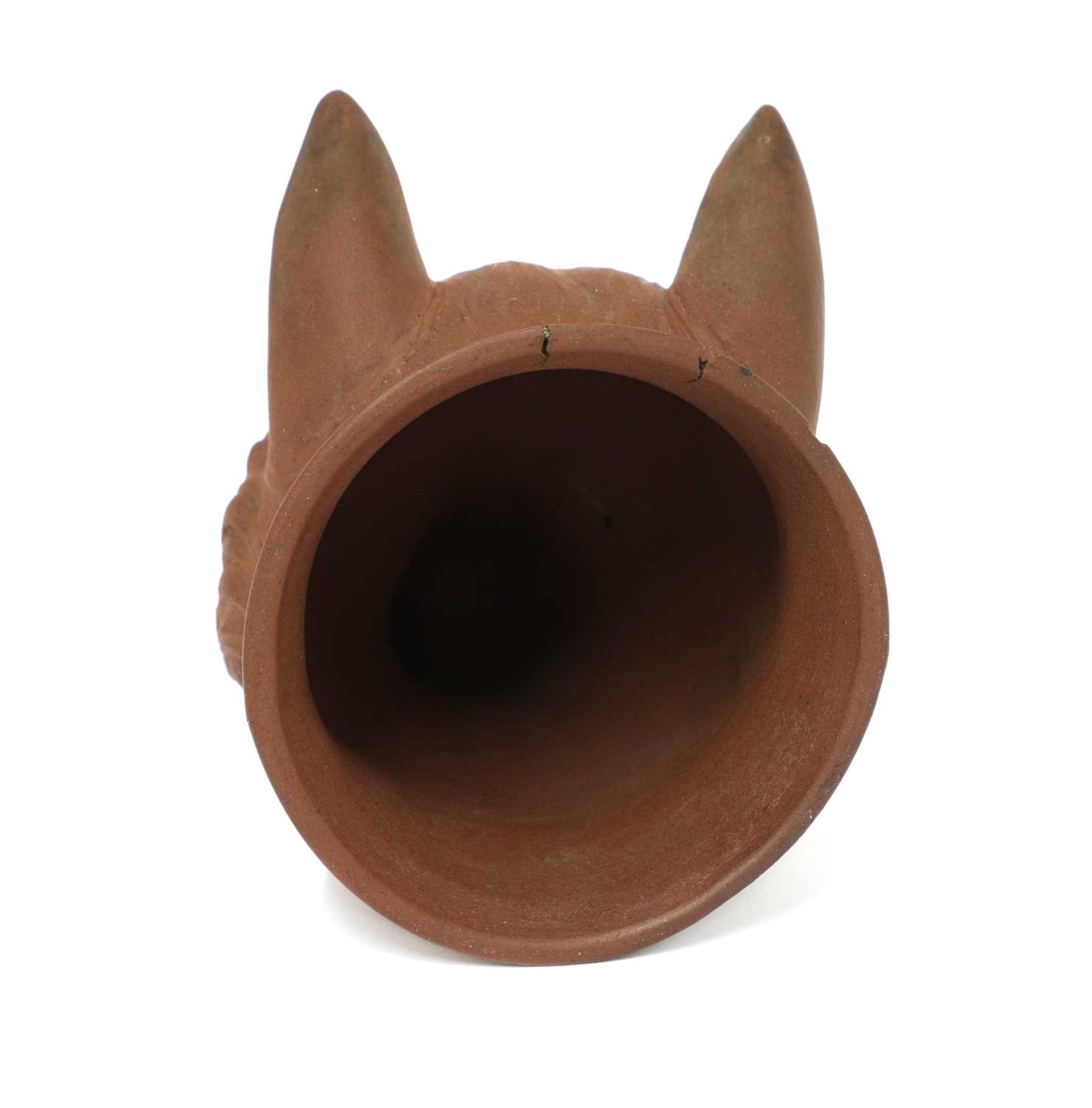 A rare Staffordshire redware fox mask stirrup cup, - Image 2 of 3