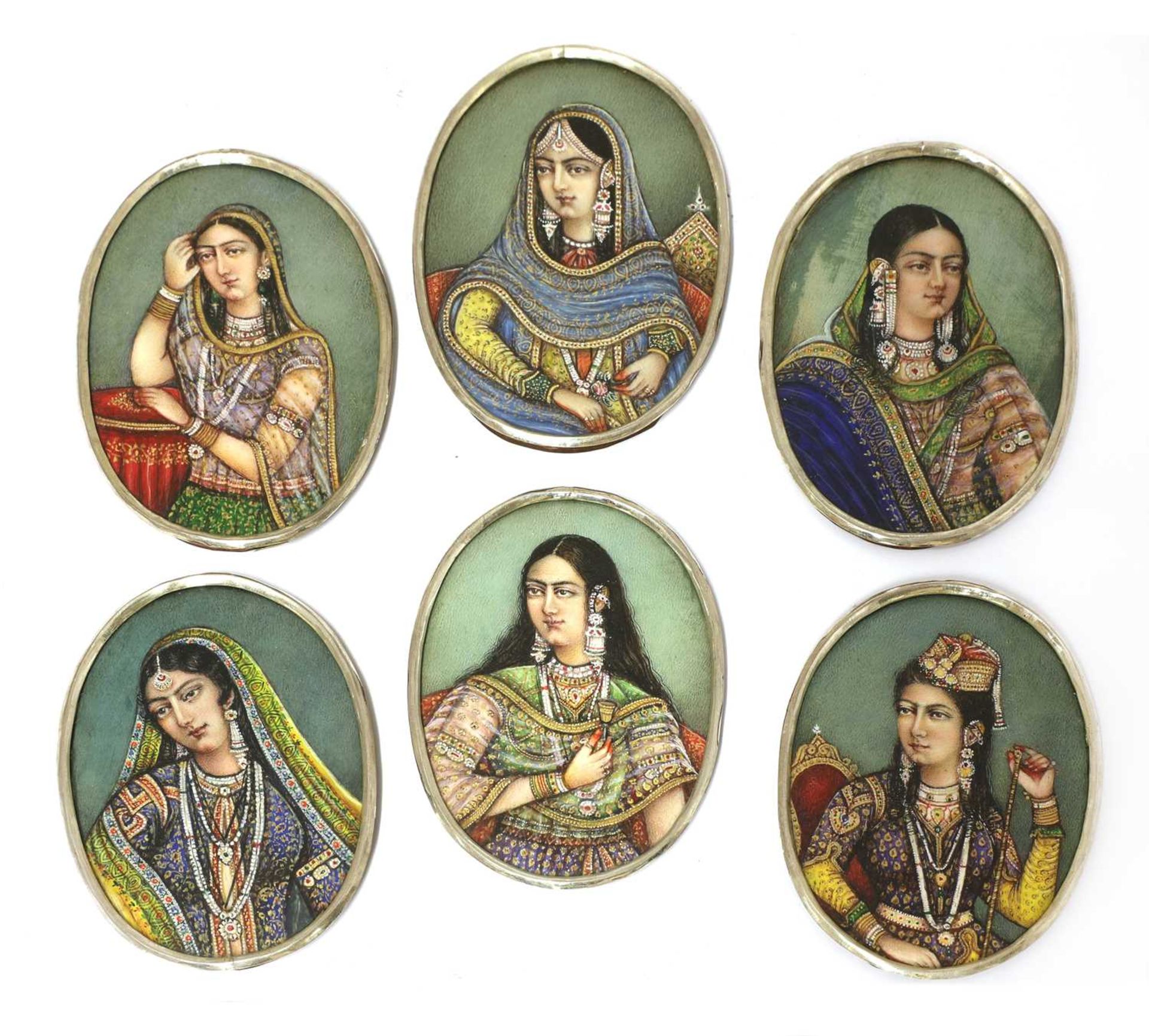 A set of six Indian gouache oval miniatures,