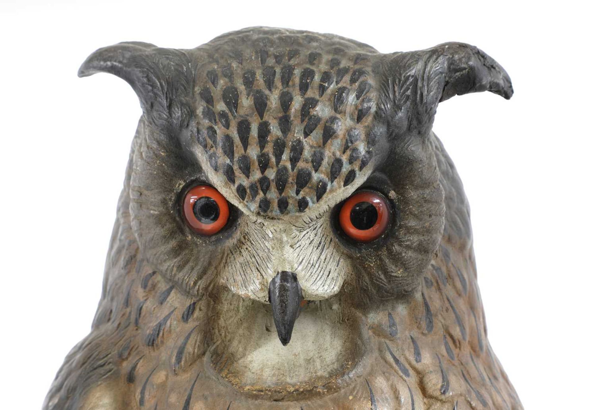 A large painted terracotta model of a long-eared owl, - Image 3 of 4