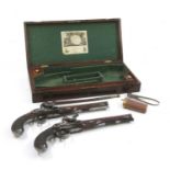 A cased pair of flintlock full stock duelling pistols by P Bond,