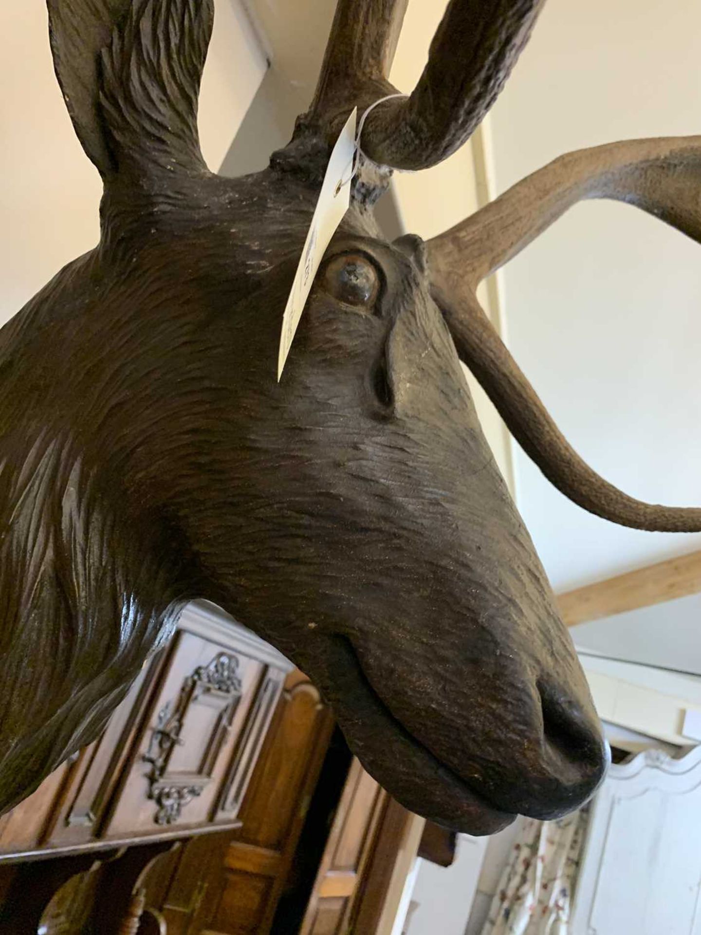 A Black Forest carved wood stag's head, with mounted antlers, - Image 13 of 16