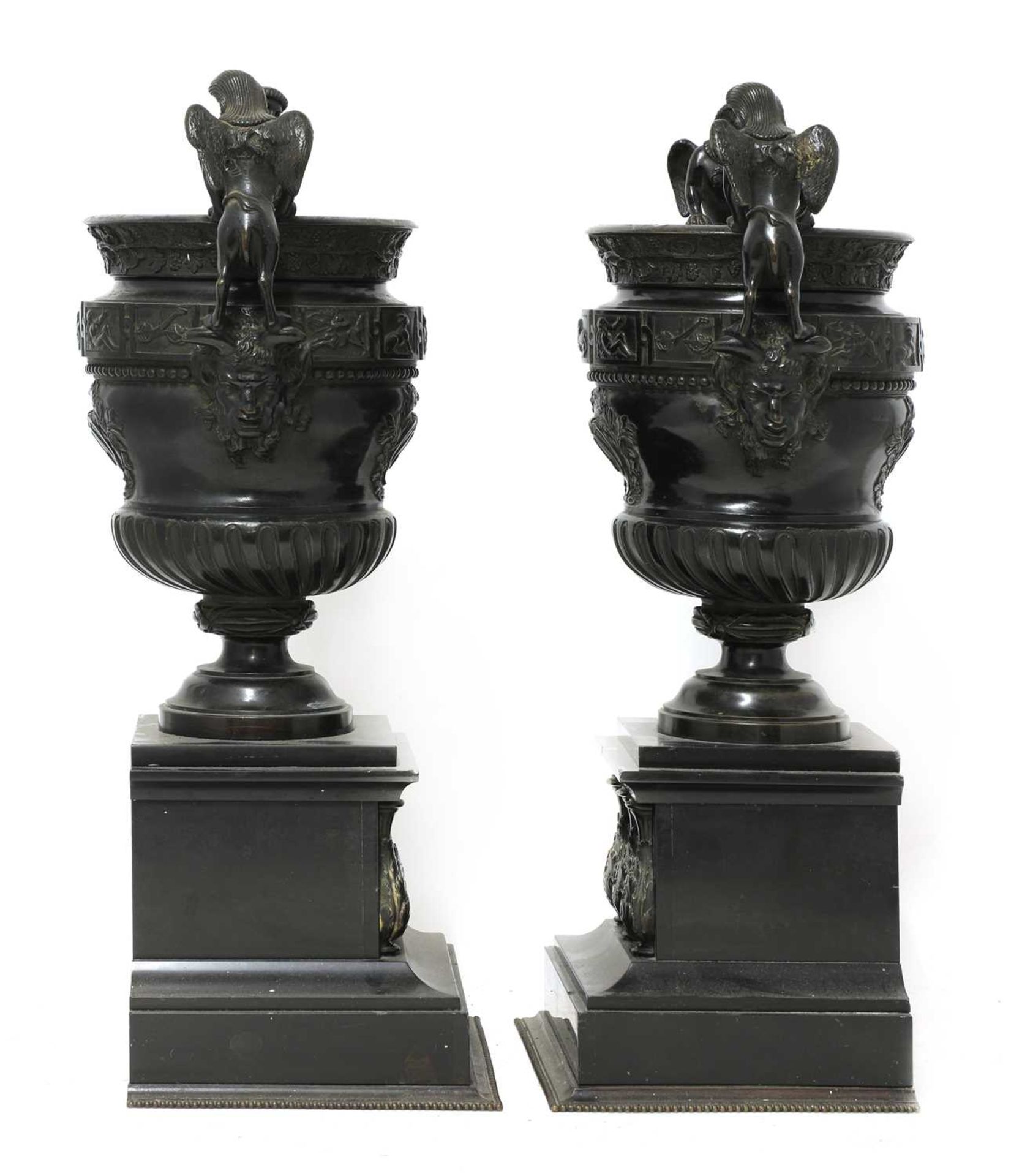 A pair of French bronze and marble garniture urns, - Image 2 of 4