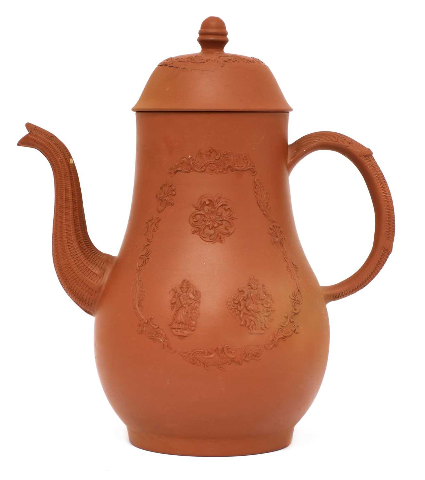 A Staffordshire redware large baluster-shaped coffee pot and domed cover,