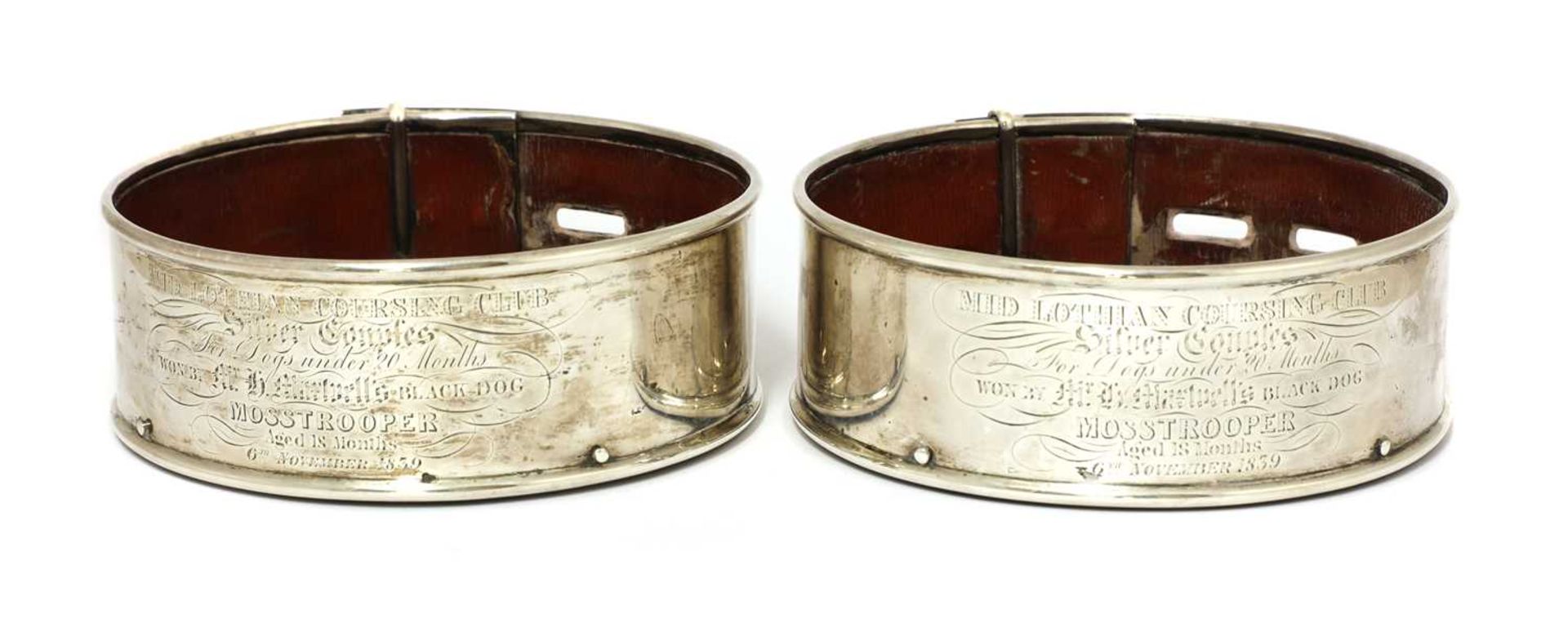 A pair of Scottish William IV silver presentation coasters in the form of dog collars, - Image 2 of 4