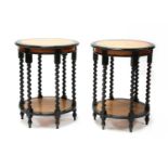 A pair of Sri Lankan ebony and satinwood lamp tables,